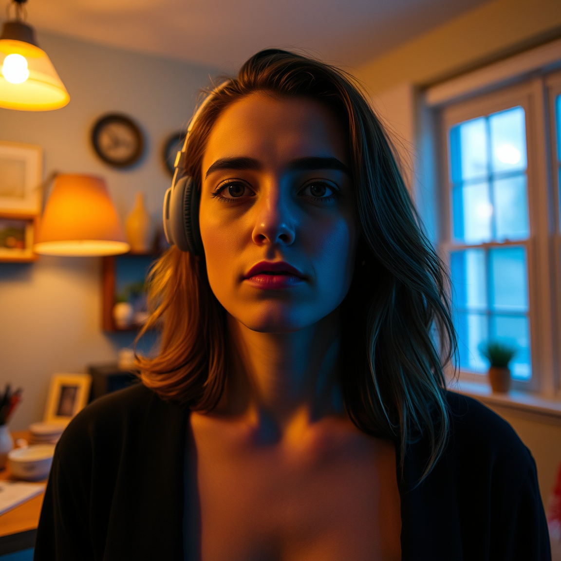 Indoor scene with mixed warm and cool lighting creating color cast