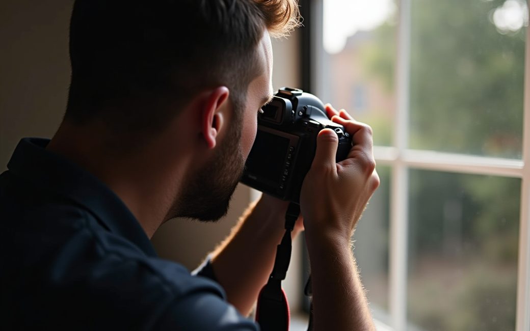 Photographer holding camera, adjusting settings in mixed lighting conditions